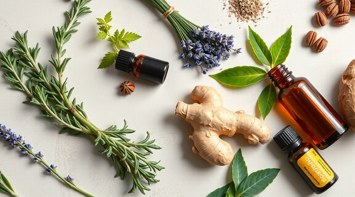 An assortment of natural ingredients like herbs, essential oils, and fresh botanicals, arranged aesthetically.