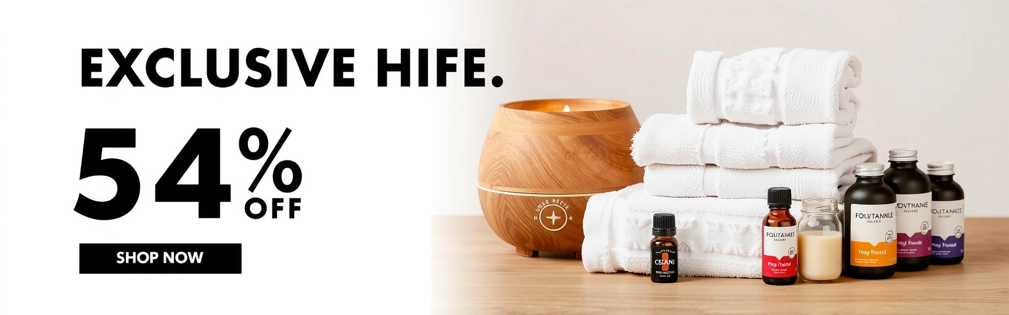 A serene and inviting banner promoting an exclusive discount on health and wellness bundles, featuring a mix of supplements, essential oils, and self-care items arranged harmoniously.