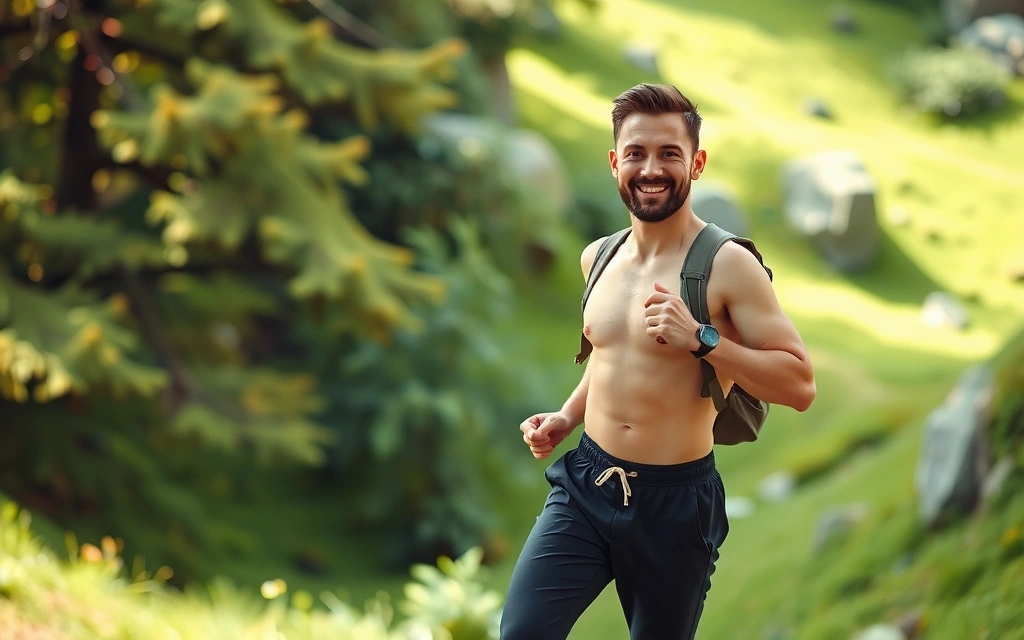 A strong, healthy man engaging in an outdoor activity, with vibrant natural scenery in the background, symbolizing vitality and natural well-being.