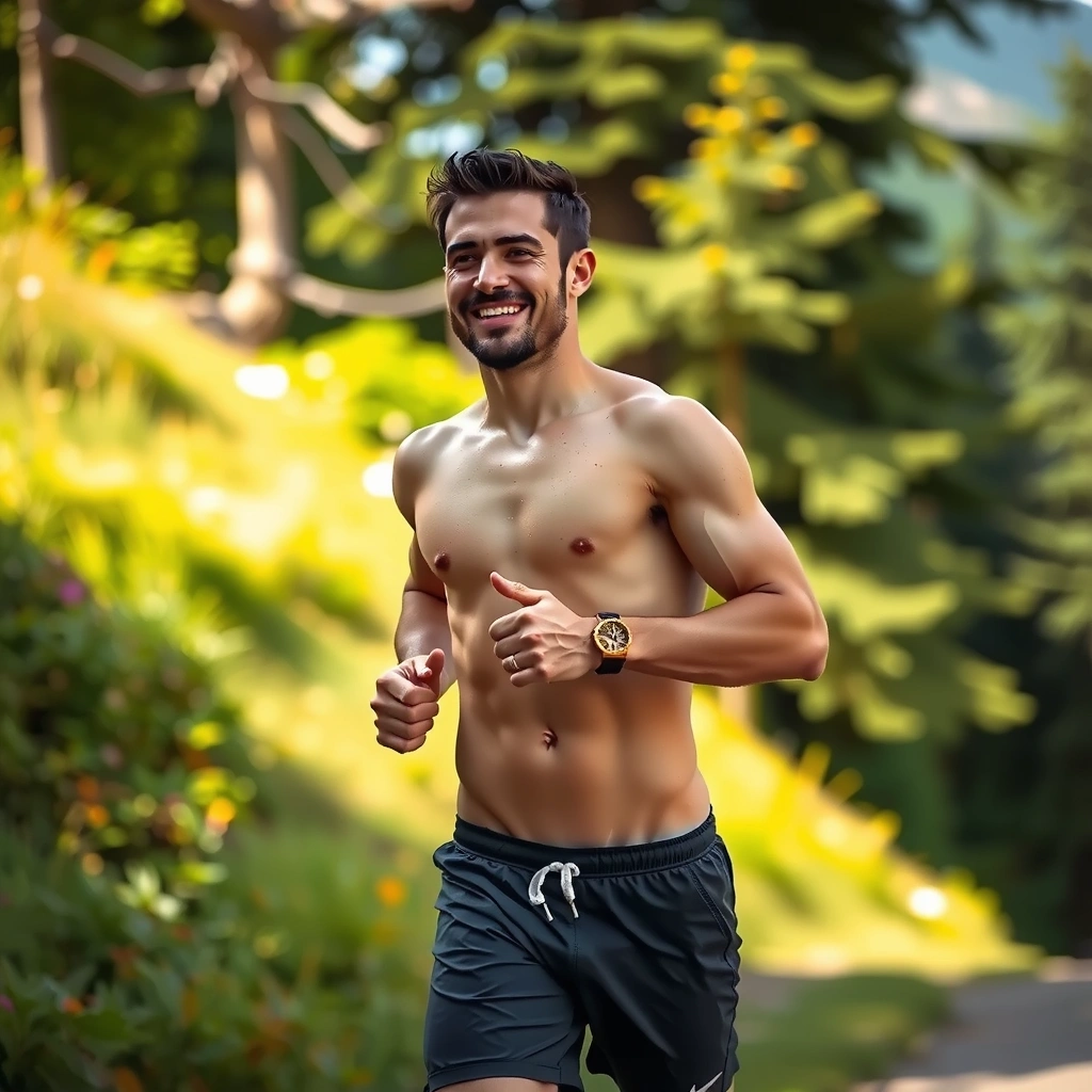 Man in peak physical condition, running in nature, symbolizing health and vitality